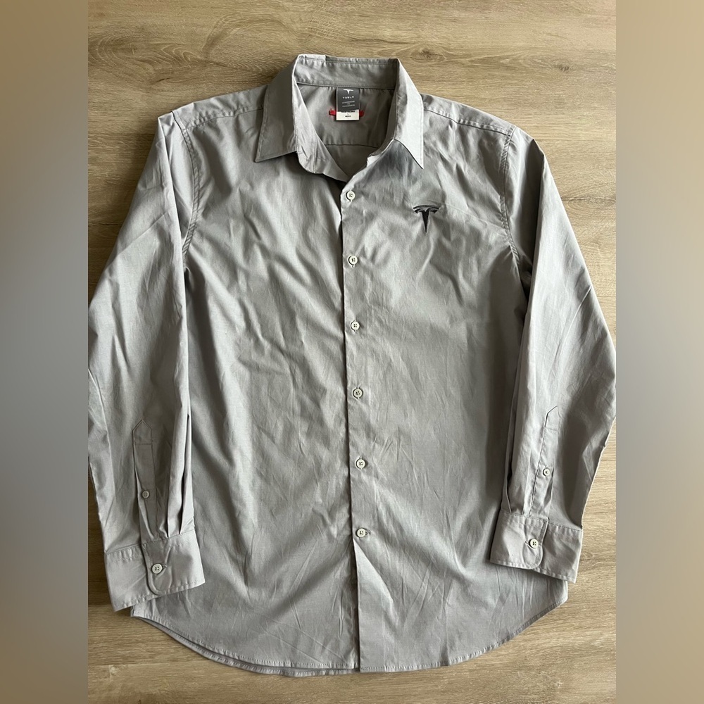 Tesla Long Sleeve Button Down Shirt Gray SZ L Car Motors Employee Logo